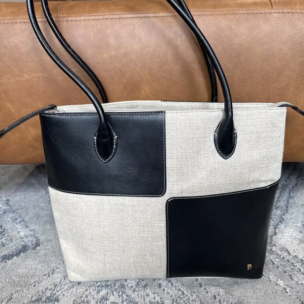 Vtg Y2K Etienne Aigner Southport Linen Satchel Bag Black Leather Panel Purse